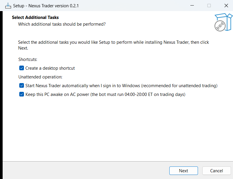 The installer's options page. Both unattended-operation boxes are ticked by default; leave them ticked.