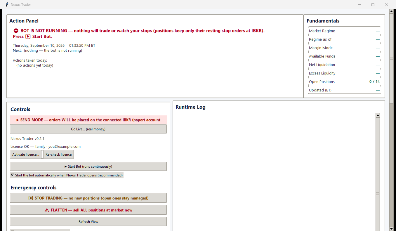 The main window just after setup, in paper mode, before the bot is started.