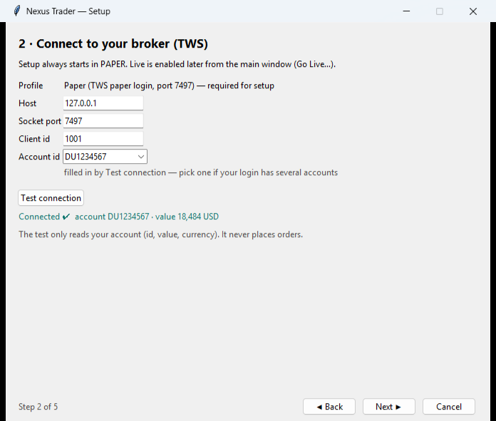Step 2: the connection test has found the paper account and its value. The test only reads.