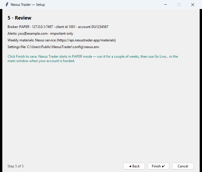 Step 5: everything the wizard is about to write, including the settings file.
